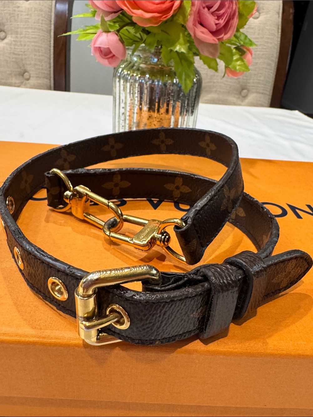 Authentic Louis Vuitton Dark Brown Monogram Leather Strap with Gold Hardware